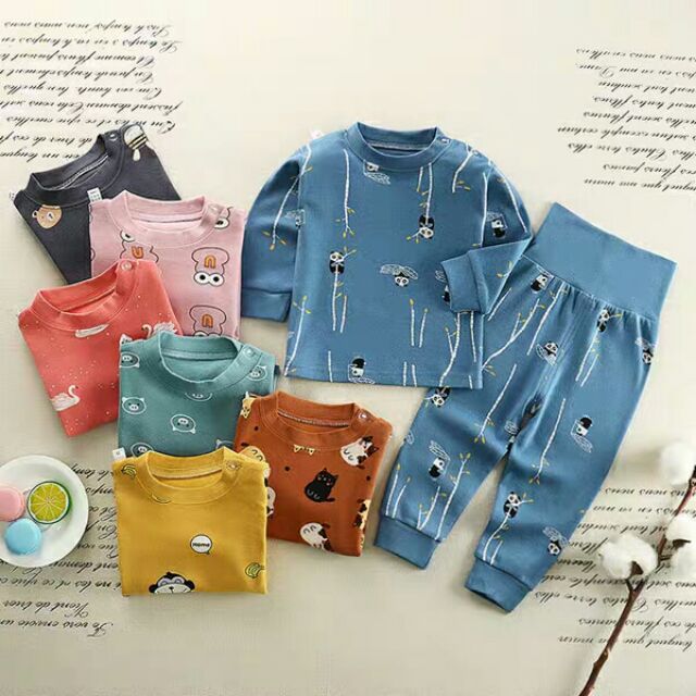 Bộ đồ cotton áo dài cài khuy vai và quần cạp cao cho bé dưới 5 tuổi