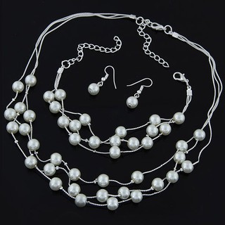 Bộ dây chuyền, lắc tay, bông tai ngọc nhân tạo - BH277