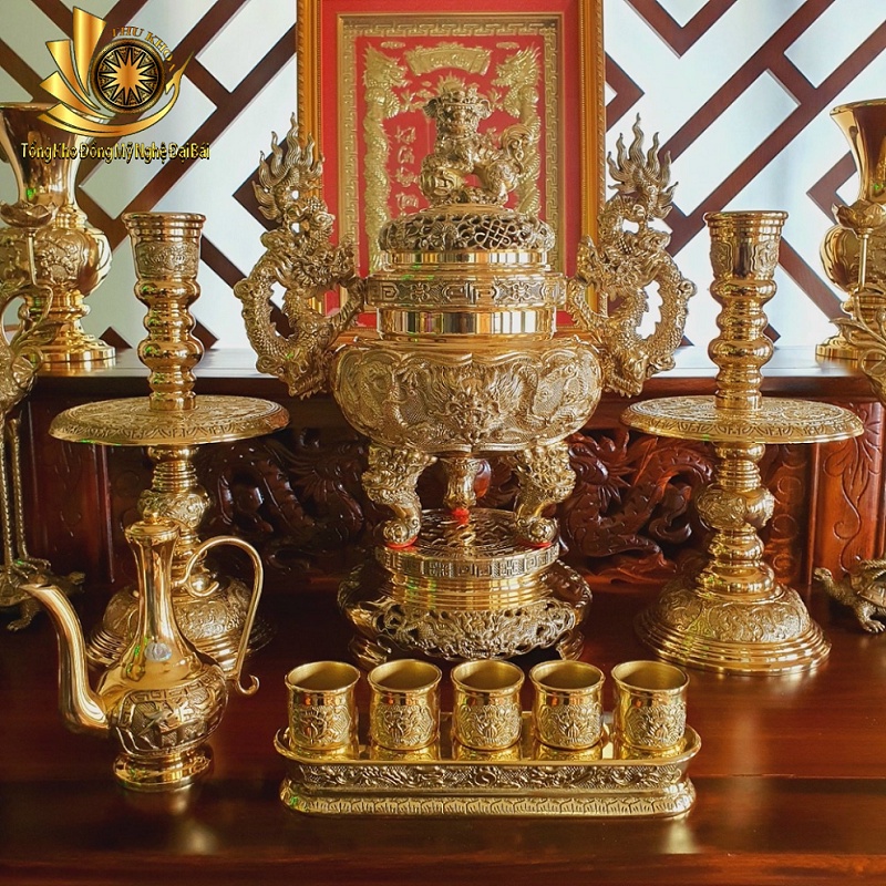 Combo Bộ Đỉnh Đồng Tam Sự Đỉnh Hạc Chân Đèn Bằng Đồng Kích Thước Chuẩn Phong Thủy, Bộ Lư Đặt Bàn Thờ Bằng Đồng Đại Bái