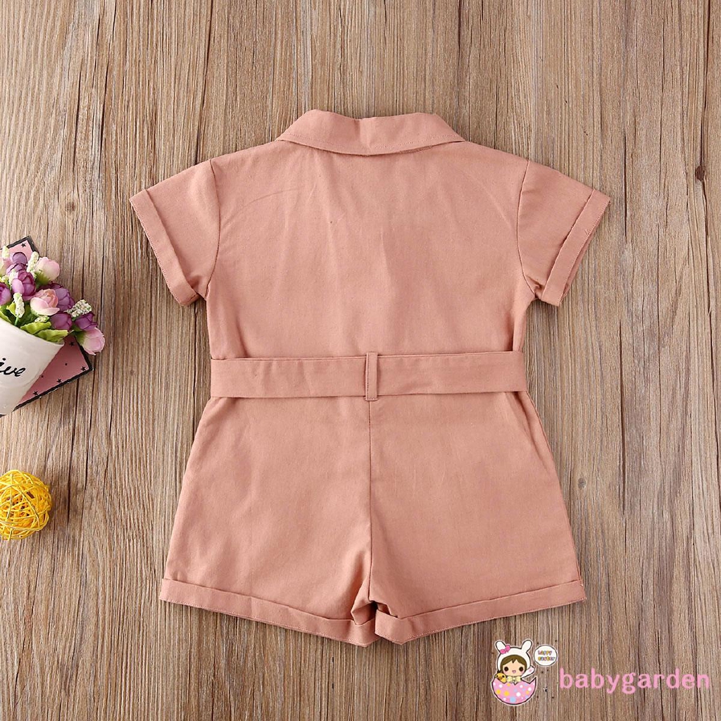 Bộ áo liền quần ngắn tay màu trơn có túi kèm thắt lưng xinh xắn cho bé 1-6 tuổi
