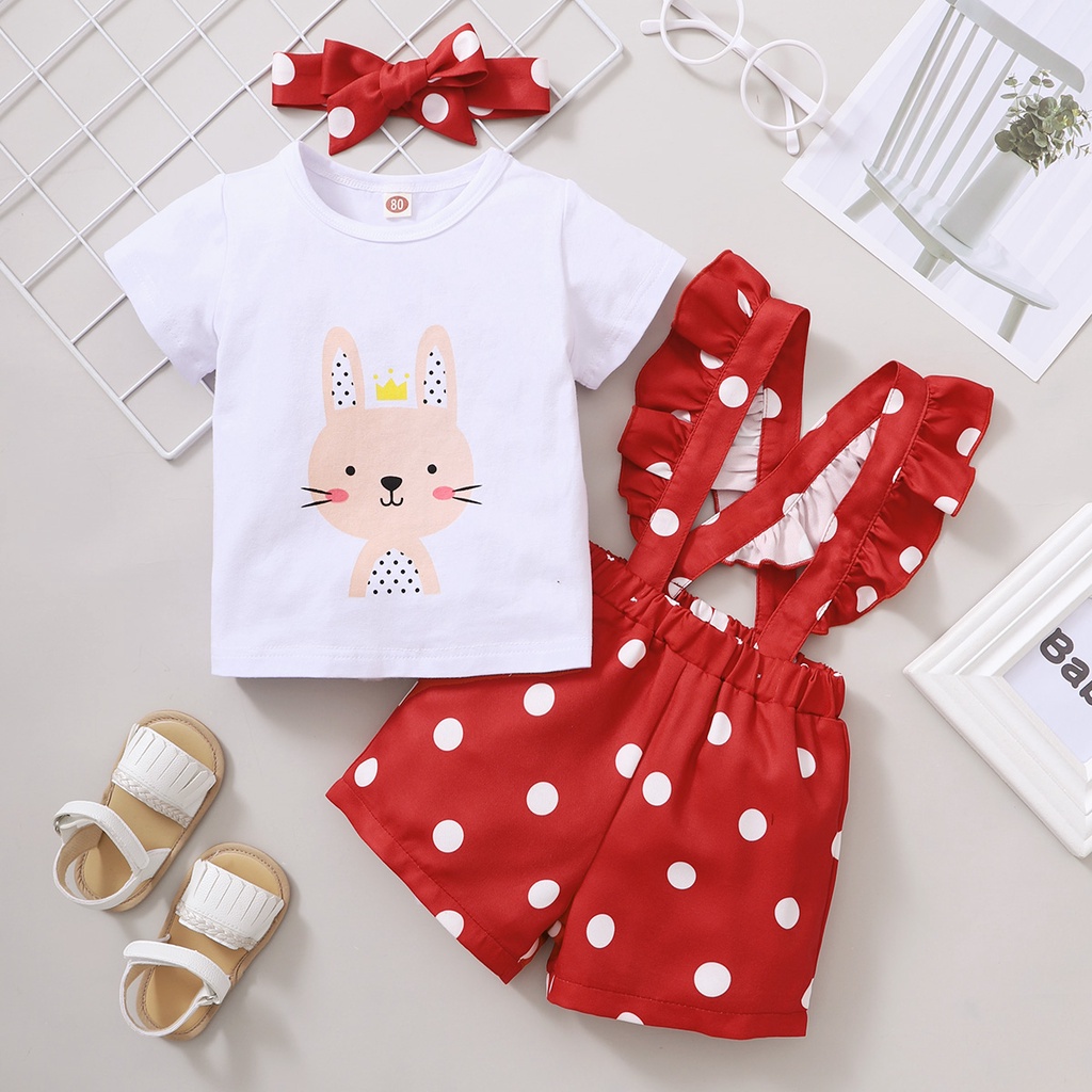 Set 3 món Mikrdoo gồm áo tay ngắn in hình thỏ + quần chấm bi + băng đô cài tóc thời trang mùa hè cho bé gái sơ sinh