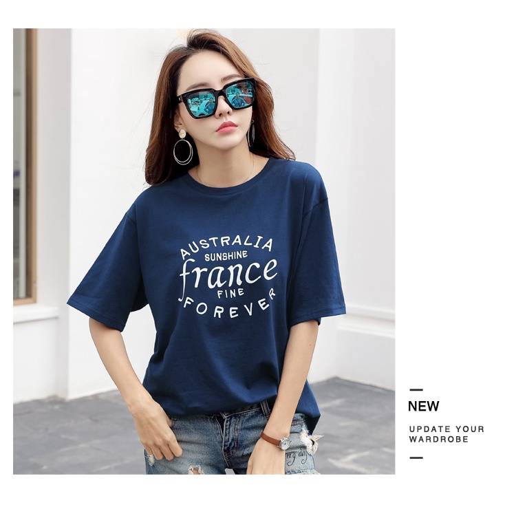 Áo form rộng nữ HappyFamily Xanh rê cổ tròn tay ngắn basic in chữ Australia sunshine France fine For