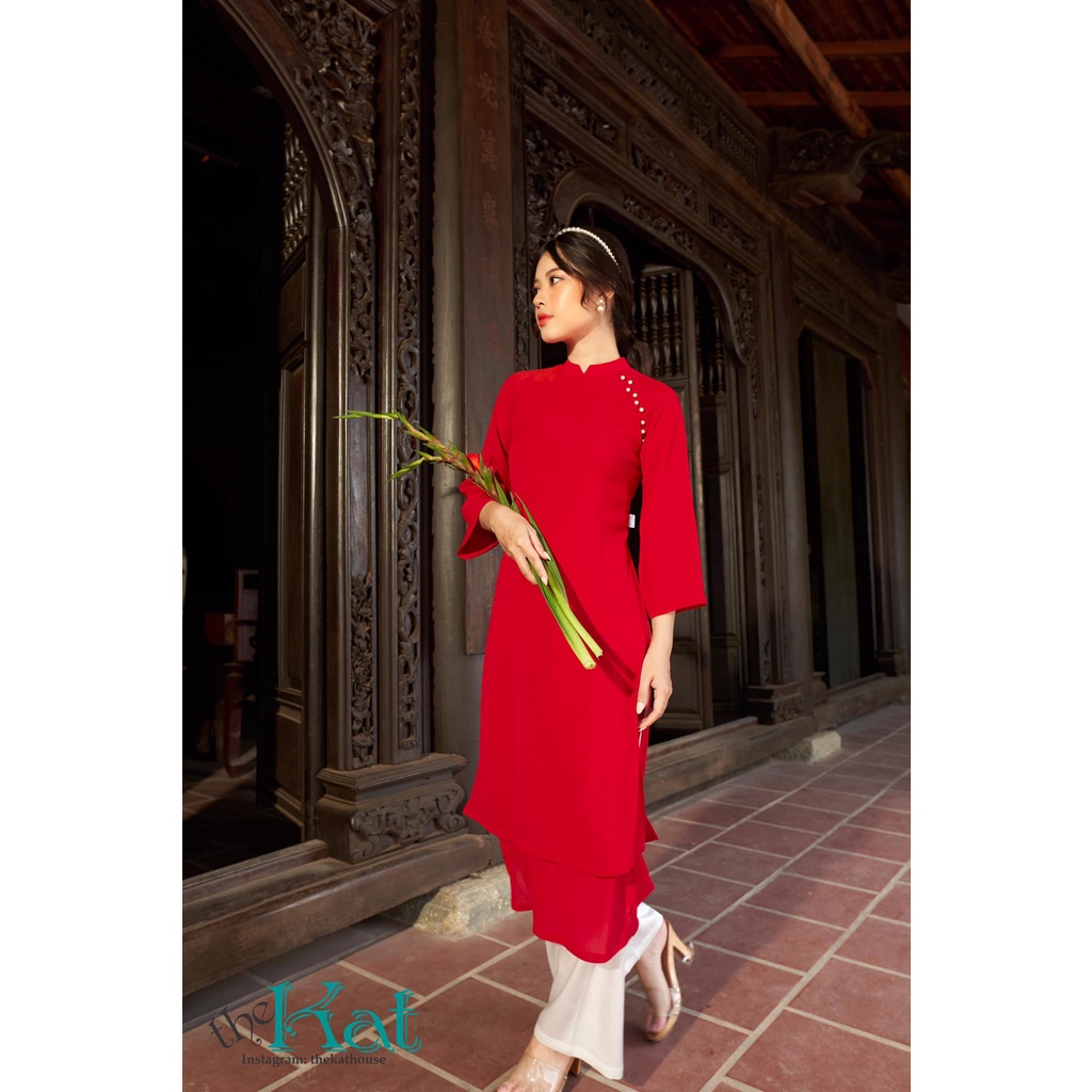 Áo Dài chuỗi ngọc The Kat House, vải voan gân không nhăn mát mẻ, sang trọng và tinh tế, đủ size (không kèm quần)