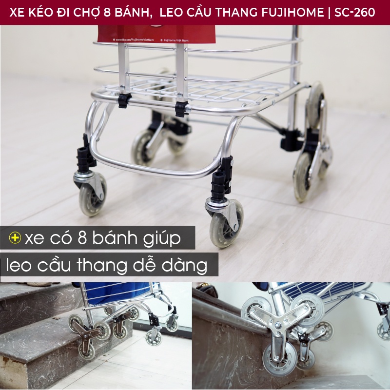 Xe kéo đi chợ leo cầu thang 8 bánh nhập khẩu FUJIHOME, xe đẩy hàng 2 - 4 bánh xếp gọn mini siêu thị, giỏ kéo có bánh xe