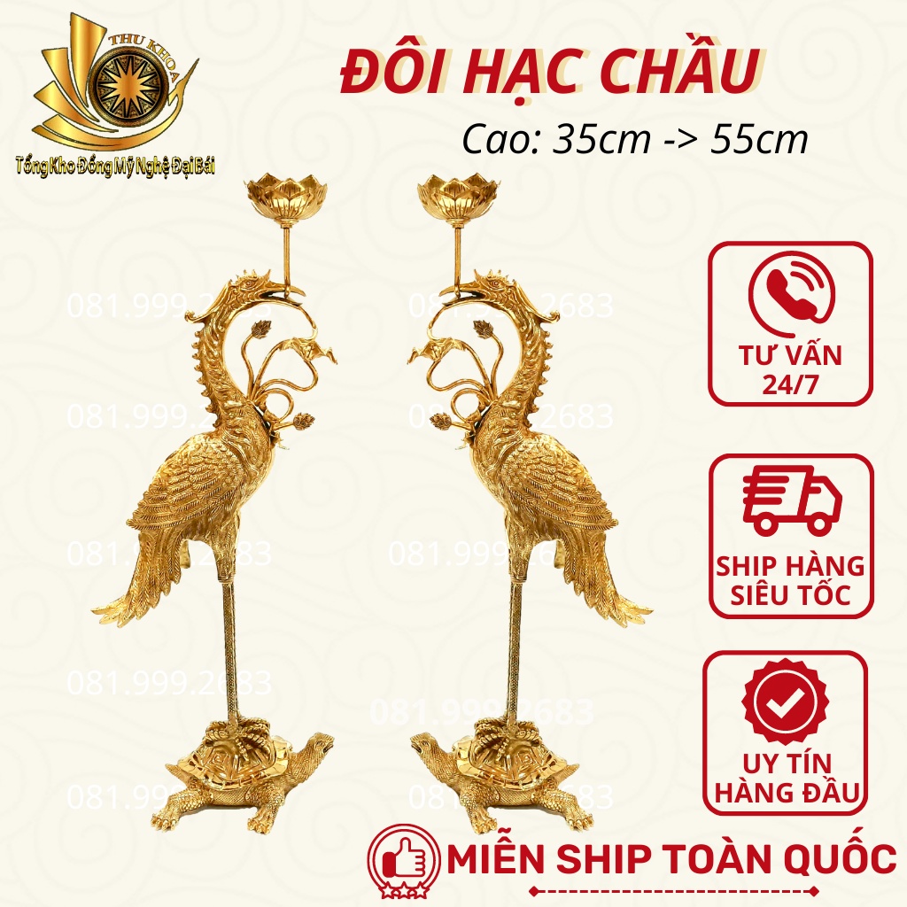 Đôi Hạc Chầu ✅ FREESHIP ✅ Đồng Vàng Cao Cấp Cao 35 cm, Cao 43 cm, Cao 48 cm, Cao 55 cm Màu Vàng Bóng Hàng Đẹp Loại 1