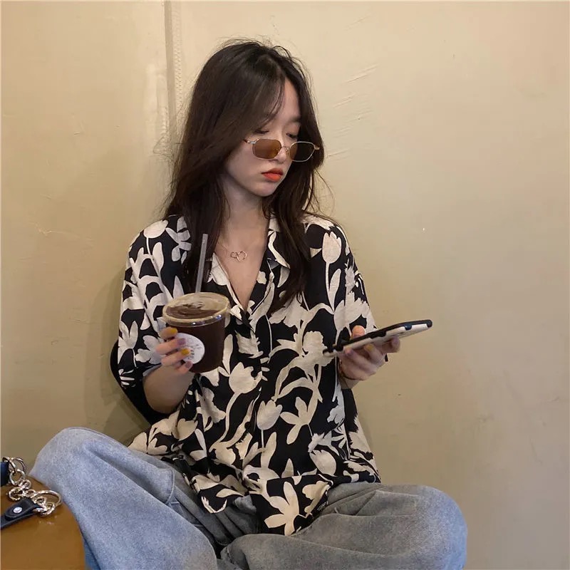 Áo sơ mi SUXI tay ngắn họa tiết hoa phong cách retro thời trang cho nữ
