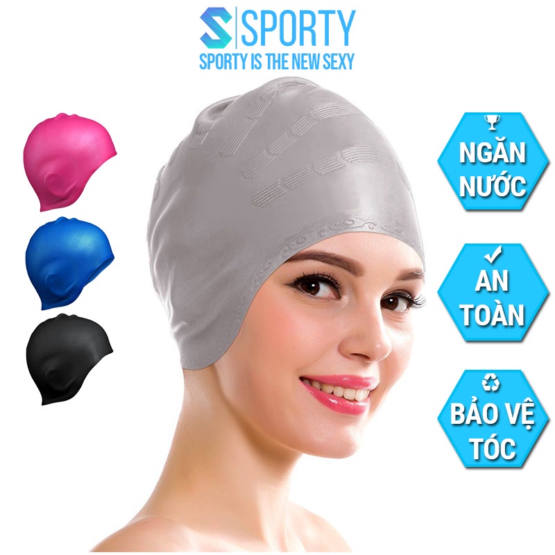 Mũ bơi người lớn nam nữ chùm tai SPORTY CA33 chất liệu silicone dùng được cho bé trên 6t