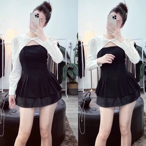 Áo sơ mi chiết eo cổ tròn dài tay nữ tôn dáng siêu sang