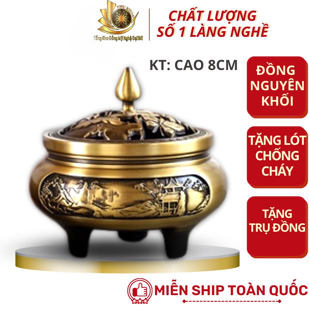 Lư Xông Trầm Bằng Đồng Đúc Nguyên Khối Sang Trọng, Đỉnh Đốt Nhang Vòng Tặng Kèm Lót Chống Cháy