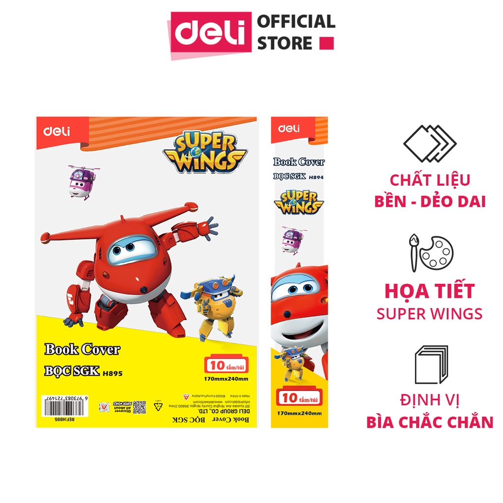Bọc Sách Vở SGK Book Cover Super Wings Deli - Set 10 chiếc - Chống nước, chống rách, màu trong suốt dành cho Học sinh