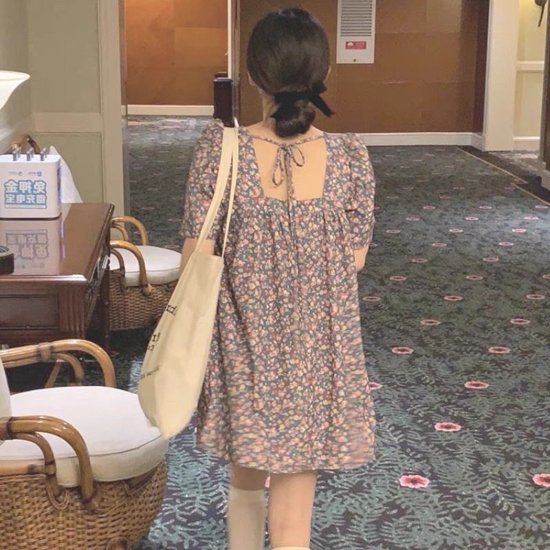 Váy hoa nhí,váy hoa cổ vuông hở lưng điệu đà 2 lớp (hàng sẵn video ảnh thật) (1)