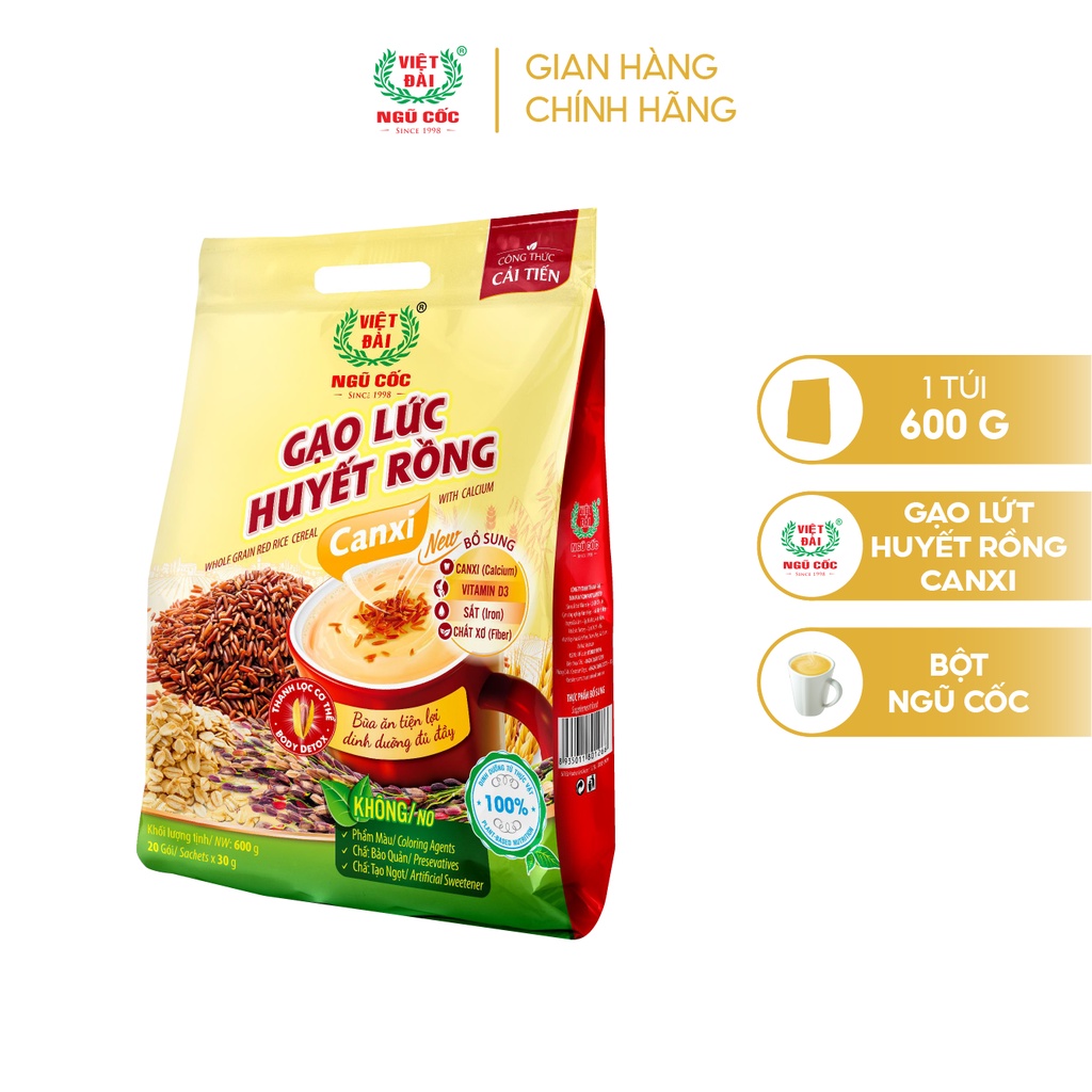 Bột Ngũ Cốc Gạo Lứt Huyết Rồng Canxi VIỆT ĐÀI Thơm Ngon Giúp Thanh Lọc Cơ Thể Túi 600g