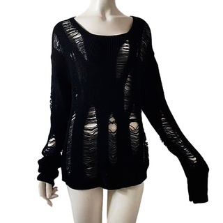 Áo Sweater Đen Tay Dài Thiết Kế Rách Phong Cách Gothic Punk Cổ Điển