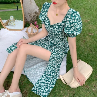 Đầm Voan Dài Xẻ Tà In Họa Tiết Hoa Màu Xanh Lá Phong Cách Pháp Thời Trang Mùa Hè Hàng Mới Dành Cho Bạn Nữ