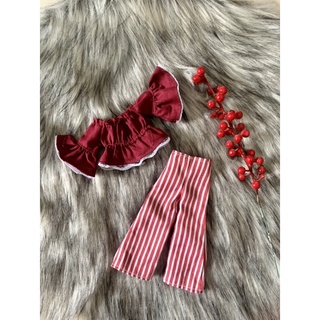 Set áo trễ vai tay dài quần sọc đỏ size blythe,ob,xinyi,barbie
