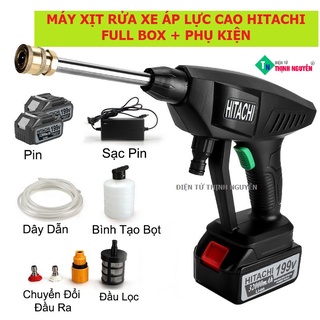 Máy rửa xe cao áp mini cầm tay vệ sinh, tưới hoa, xịt rửa xe gia đình Hitachi có bình tạo bọt pin trâu [Full Box giá rẻ]