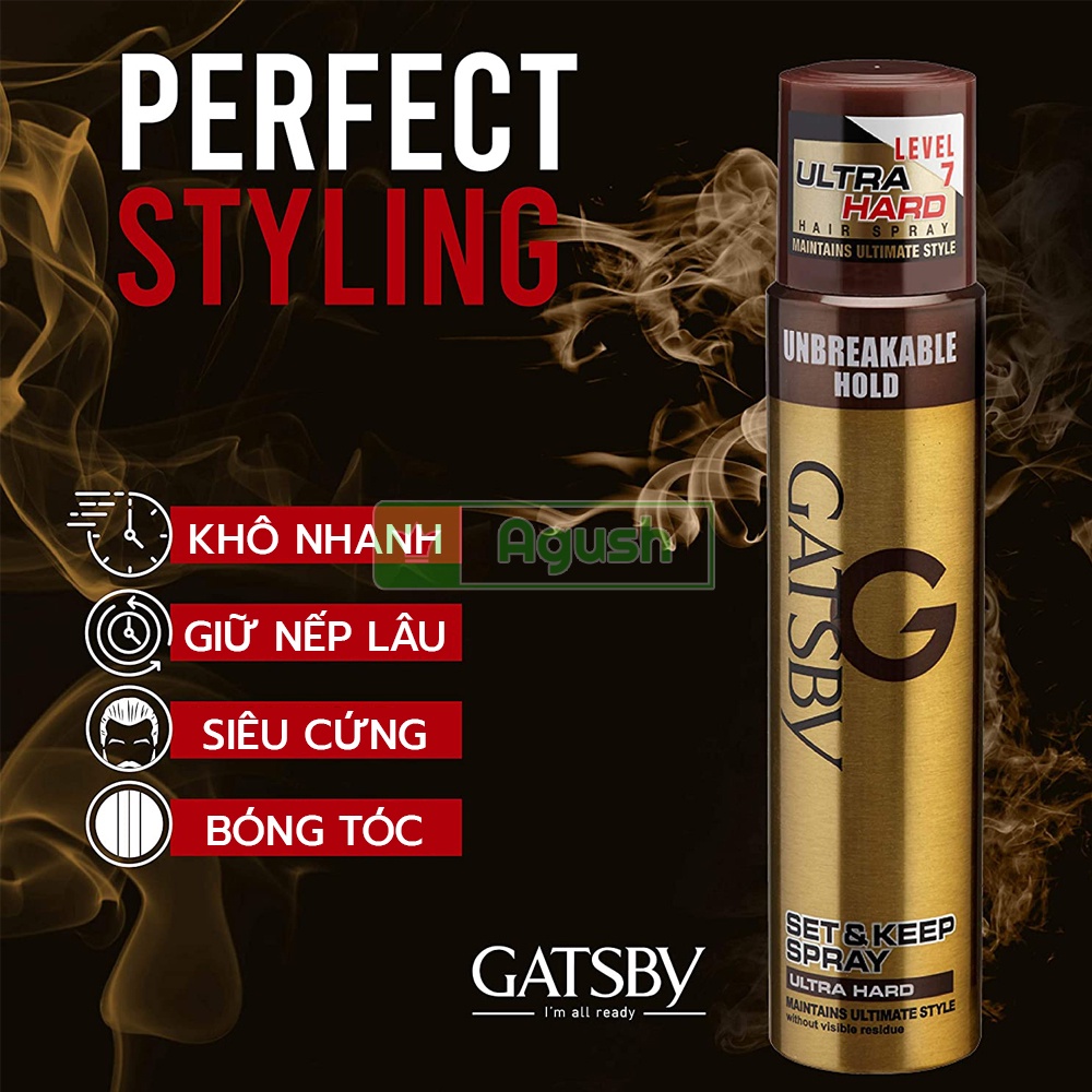 Keo xịt tóc nam nữ thơm giữ nếp lâu siêu cứng chính hãng nhật bản Gatsby Hair Spray Ultra Hard chai 250ml không bết dính