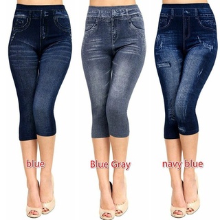 Thời Trang Nữ Giả Jean In Capri Quần Legging Co Giãn Cổ 3 / 4 Quần Skinny Plus Size