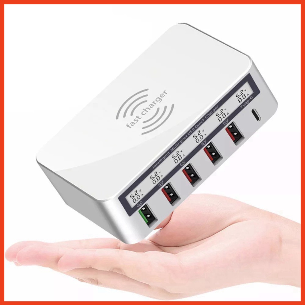 Bộ sạc nhanh 40W 818F, sạc không dây 10W, 6 cổng USB-A, QC3.0, Type-C