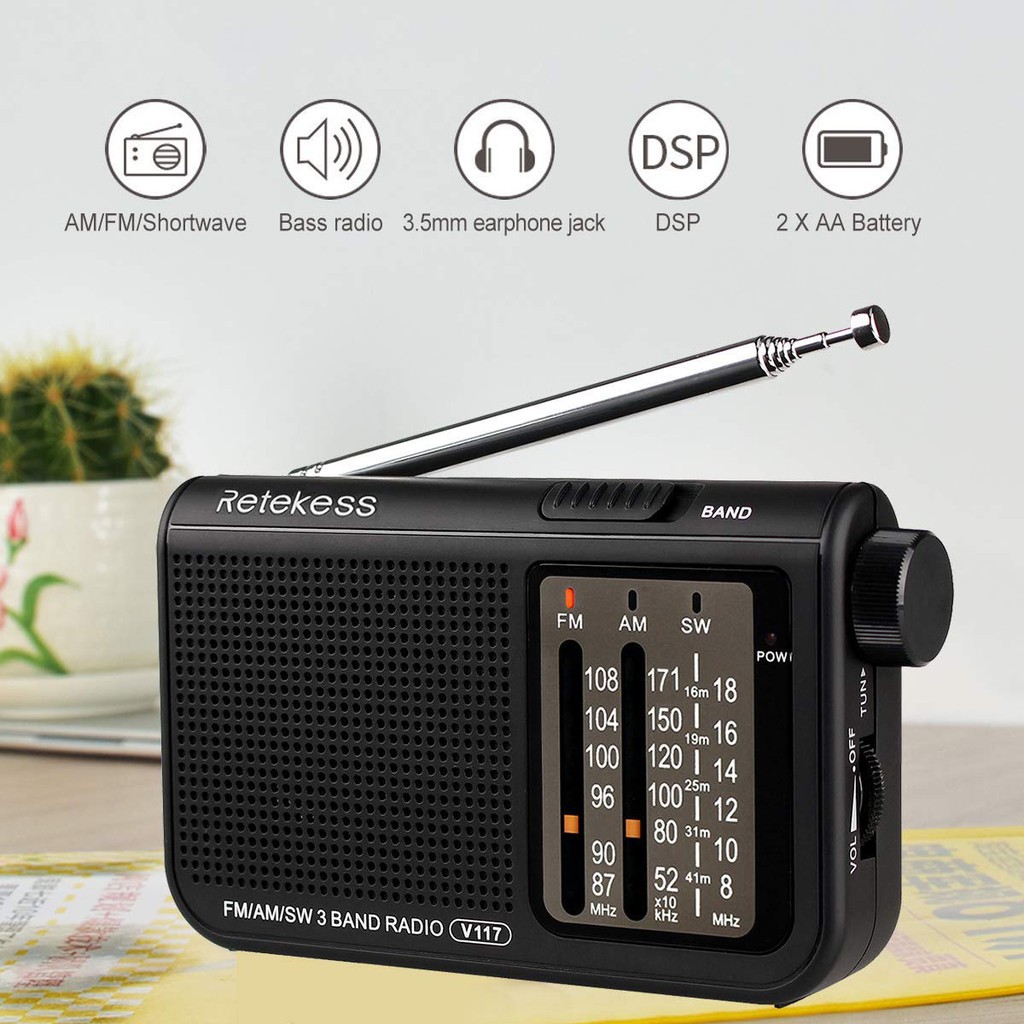 Ảnh Radio cầm tay RETEKESS V117 FM AM SW tích hợp nút điều chỉnh màu đen cho người lớn tuổi 2