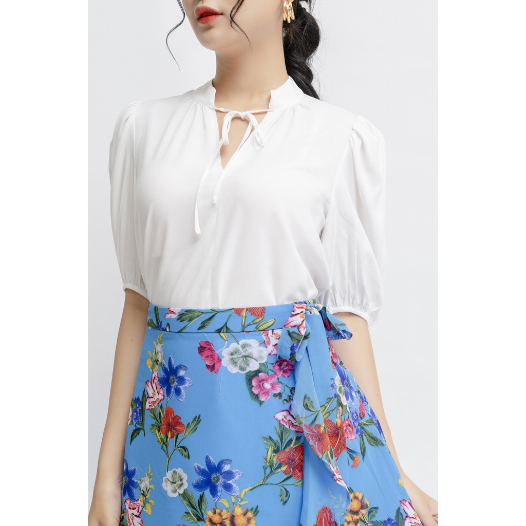 Áo sơ mi trắng Nữ Viscose tay lỡ bồng cổ thắt dây nơ – ZENIC