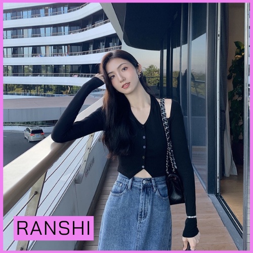 [CÓ SIZE] Áo Croptop Tay Dài RANSHI Áo Thun Dáng Ngắn Khoét Vai Vải Thun Gân Thoáng Khí Siêu Cá Tính - RA071