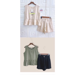 JUNE LINEN S03-Set LINEN - Áo sát nách bèo lai + short. Hình và video shop tự chụp/quay