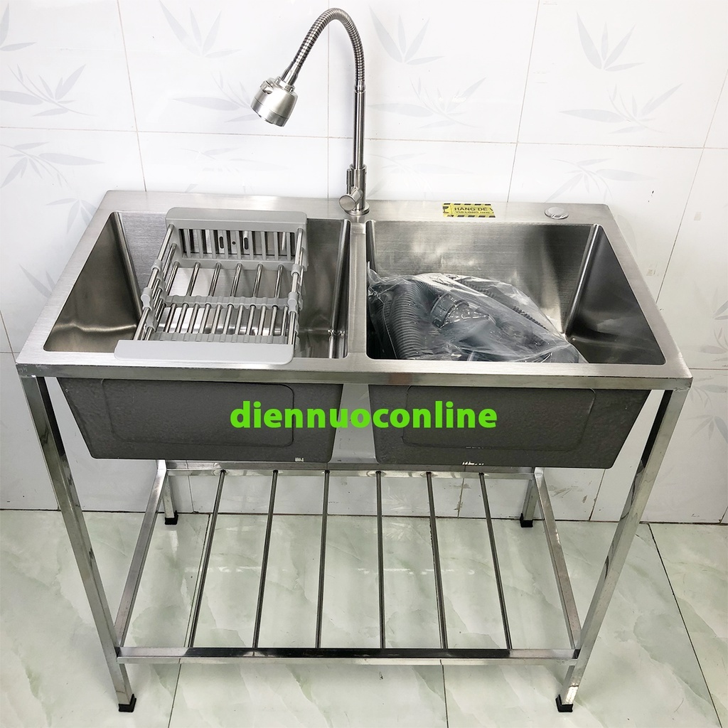 Bộ bồn rửa chén inox đúc 2 hộc kèm bộ xả có chân kích thước 82x45x80 ...