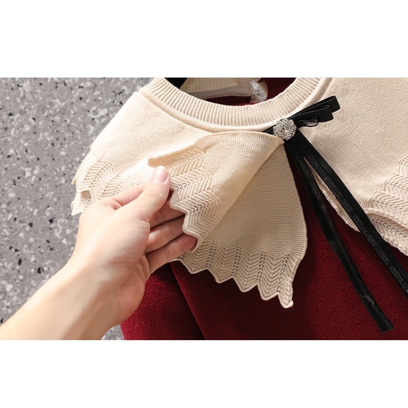 Váy len cao cấp hàng Quảng Châu - Váy len cổ 2 lớp cách điệu