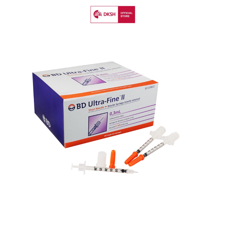 Bơm tiêm insulin BD Ultra-Fine dành cho người tiểu đường 8mm x 0.3cc x 31Gx 100 cây Becton Dickinson