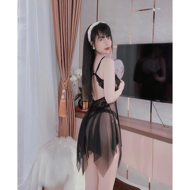 Váy ngủ lụa 2 dây voan xuyêu thấu kèm gọng ngực sexy QCCC- váy xuyên thấu gợi cảm quyến rũ