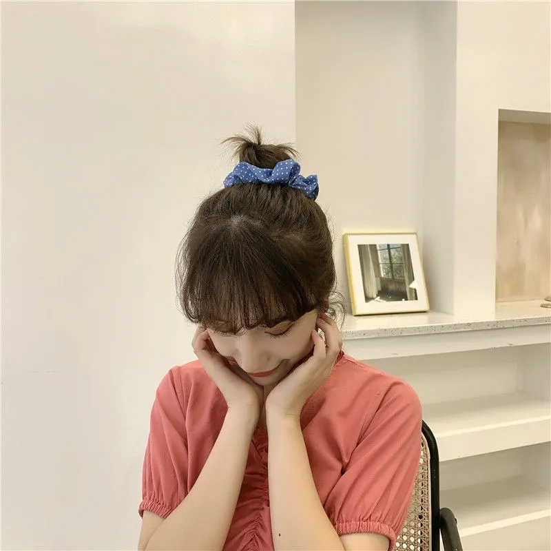 Dây buộc tóc co giãn họa tiết hoa màu xanh dương phong cách Hàn Quốc cho nữ