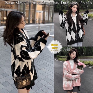 Áo Khoác Cardigan Nữ Kẻ Thoi Form Rộng Đen/ Hồng Chất Nỉ New