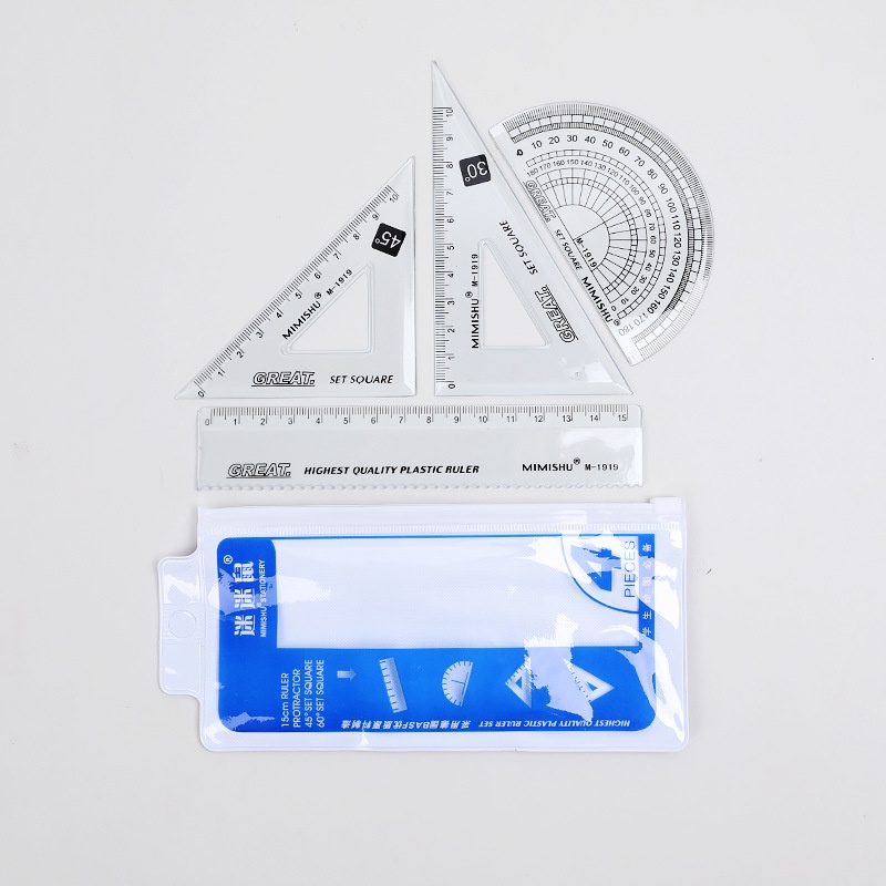 Bộ 4 thước nhựa eke, đo độ 15cm MIMISHU xanh túi zip