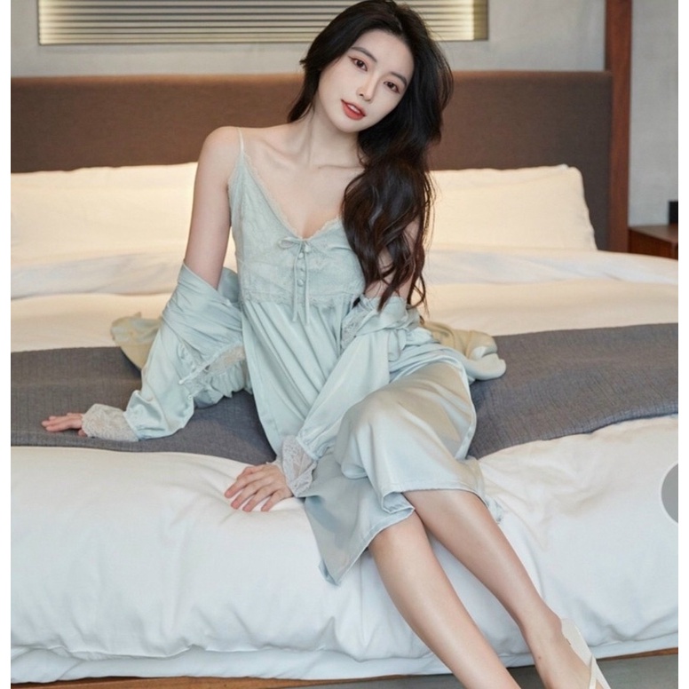 Sét váy ngủ có mút ngực kèm áo choàng sexy cao cấp Đầm mặc nhà gợi cảm quyến rũ