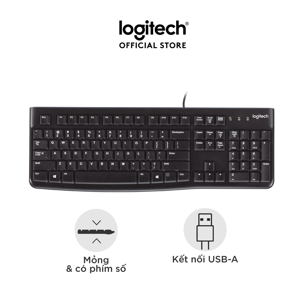 Bàn phím có dây Logitech K120 – Bền bỉ, chống tràn, kích thước đầy đủ có phím số