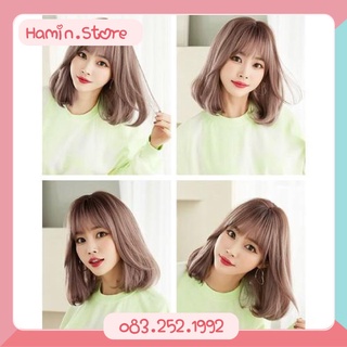Tóc giả nữ nguyên đầu cao cấp nâu hồng, tóc ngang vai, cụp đuôi, mái thưa giống tóc thật Hamin