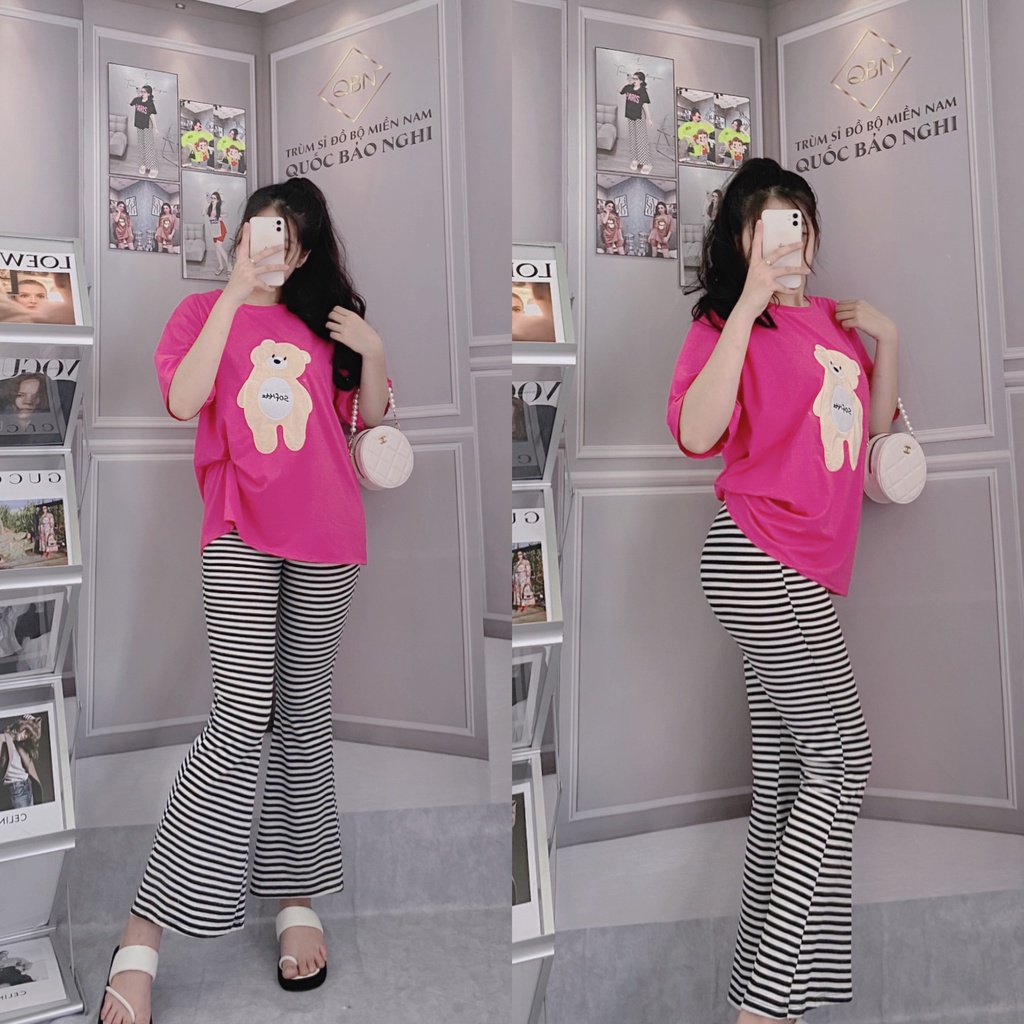 Đồ Bộ Nữ Quần Ống Loe Bigsize ESHOP DB35 – Set Bộ Thun Gân Cotton Co Giãn, Quần Cạp Cao Hack Dáng