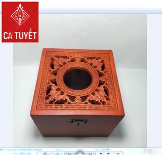 HỘP ĐỰNG GIẤY ĂN GỖ HƯƠNG KHỔ VUÔNG ELAI CHẠM ĐỤC CON RƠI - ẢNH THẬT