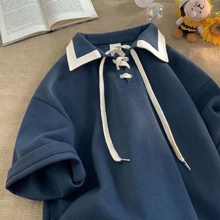 Áo thun ngắn tay cổ POLO phong cách Preppy Áo thun nam dáng rộng hợp thời trang Thiết kế phong cách Hồng Kông Áo sơ mi Polo tay ngắn có dây rút Ve áo hàng đầu