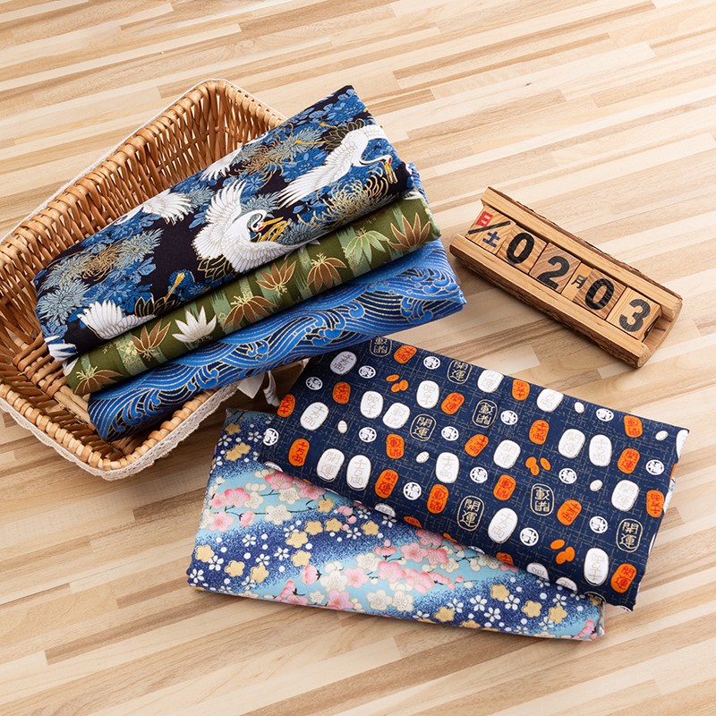 In đồng vải cotton xanh đậm phong cách Nhật Bản hoa văn vải cho sườn xám Kimono và túi DIY TJ8962