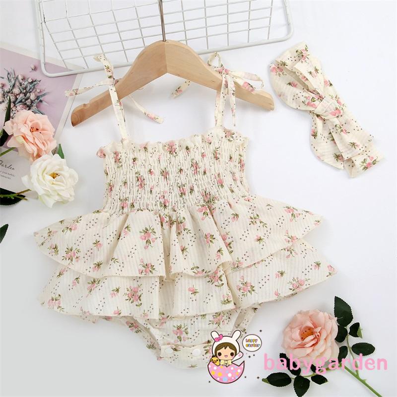 Bộ Áo Liền Quần Không Tay Co Giãn In Hoa Kèm Băng Đô Nơ Dành Cho Bé Gái 0-24 Tháng Tuổi