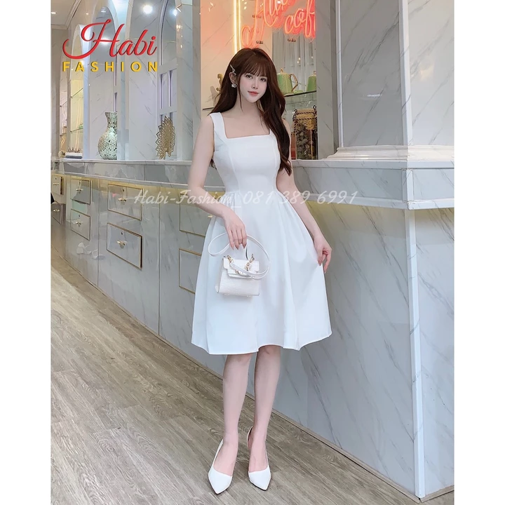 Đầm trắng xòe dự tiệc giá rẻ, đầm 2 dây dáng xòe, váy thiết kế phong cách Hepburn Pháp eo cao thon nhỏ dáng xòe khí chất