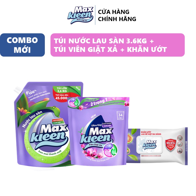 Ảnh Combo MaxKleen: Túi Lau Sàn 3.6kg Ban Mai Thanh Mát + Túi Viên Giặt Xả + Khăn Ướt Lau Bề Mặt Đa Năng 2