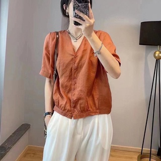 Vải lanh Cotton nữ tay ngắn cổ chữ V dáng rộng