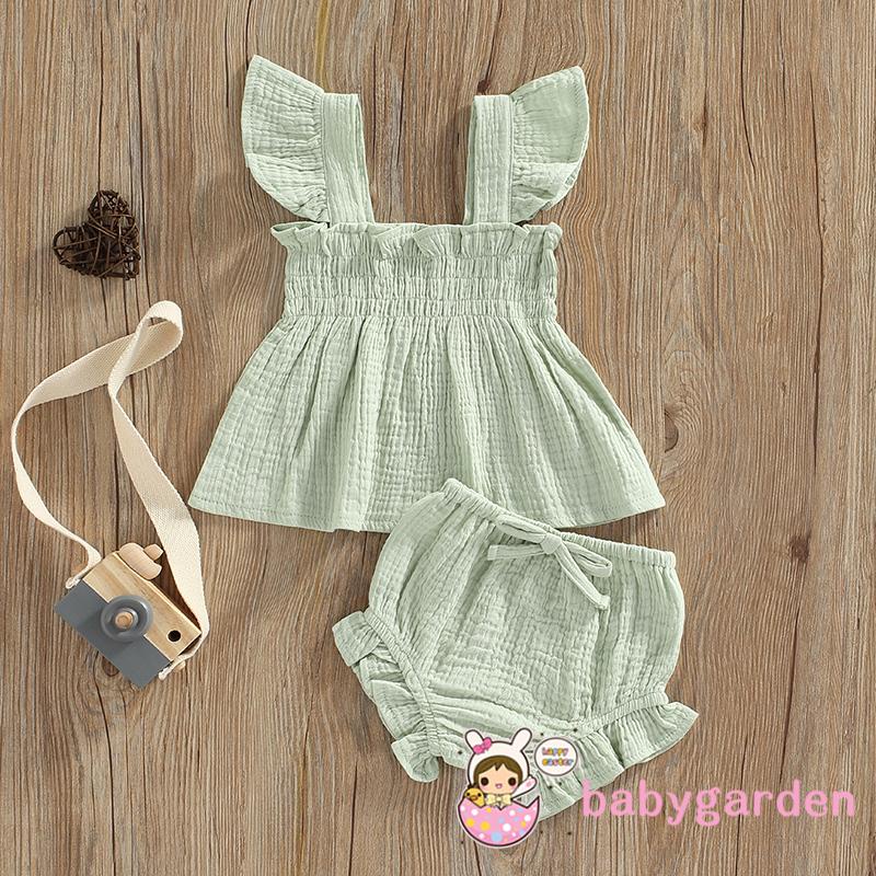 Set Áo Tay Bèo Cổ Vuông + Quần Short Màu Trơn Thời Trang Mùa Hè Cho Bé Gái 0-3 Tuổi