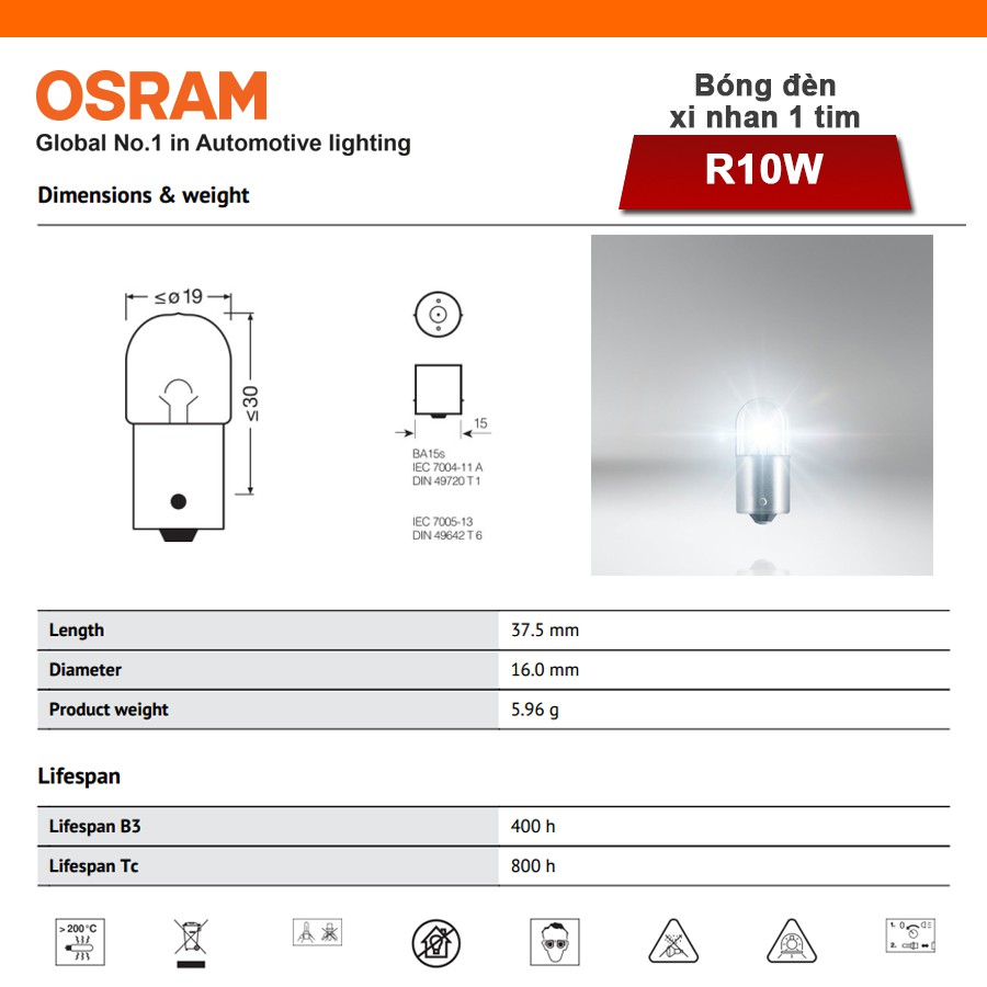 Combo 2 Bóng Đèn Xi Nhan 1 Tim OSRAM Original R10W 24V 10W (Chân Thẳng)