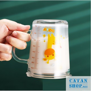 Cốc Thuỷ Tinh Hoạt Hình Pha Sữa Cho Bé, Ly Thủy Tinh Chia Vạch 350ml Nắp Đậy Kín Kèm Ống Hút