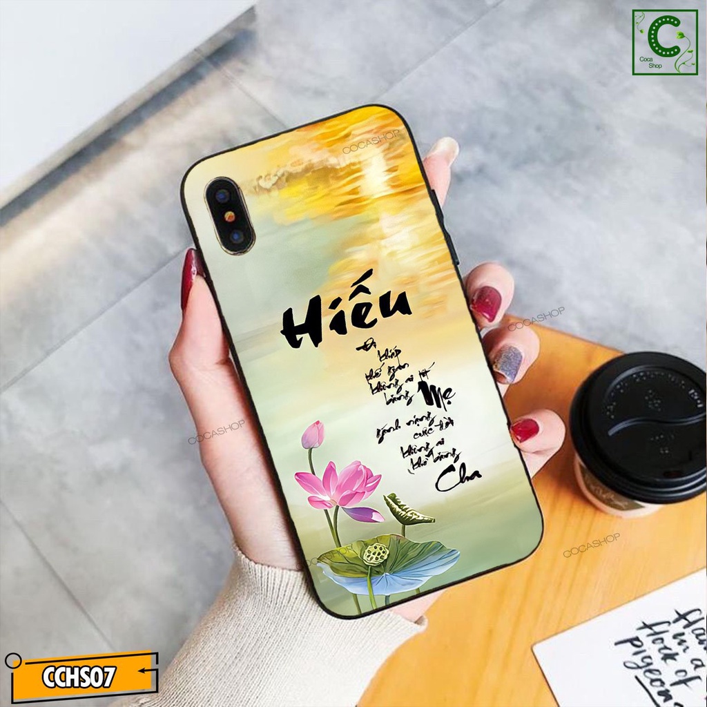 Ốp lưng iphone mặt kính in hình siêu đẹp  - Đóa sen hồng chữ Hiếu - 6/6plus/6s/6splus/7/7plus/8/8plus/x/.....
