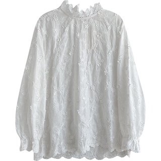 Áo Sơ Mi cotton Dài Tay Cổ Cao Phối Ren Phong Cách Hàn Quốc baju baju wanita Lenjang